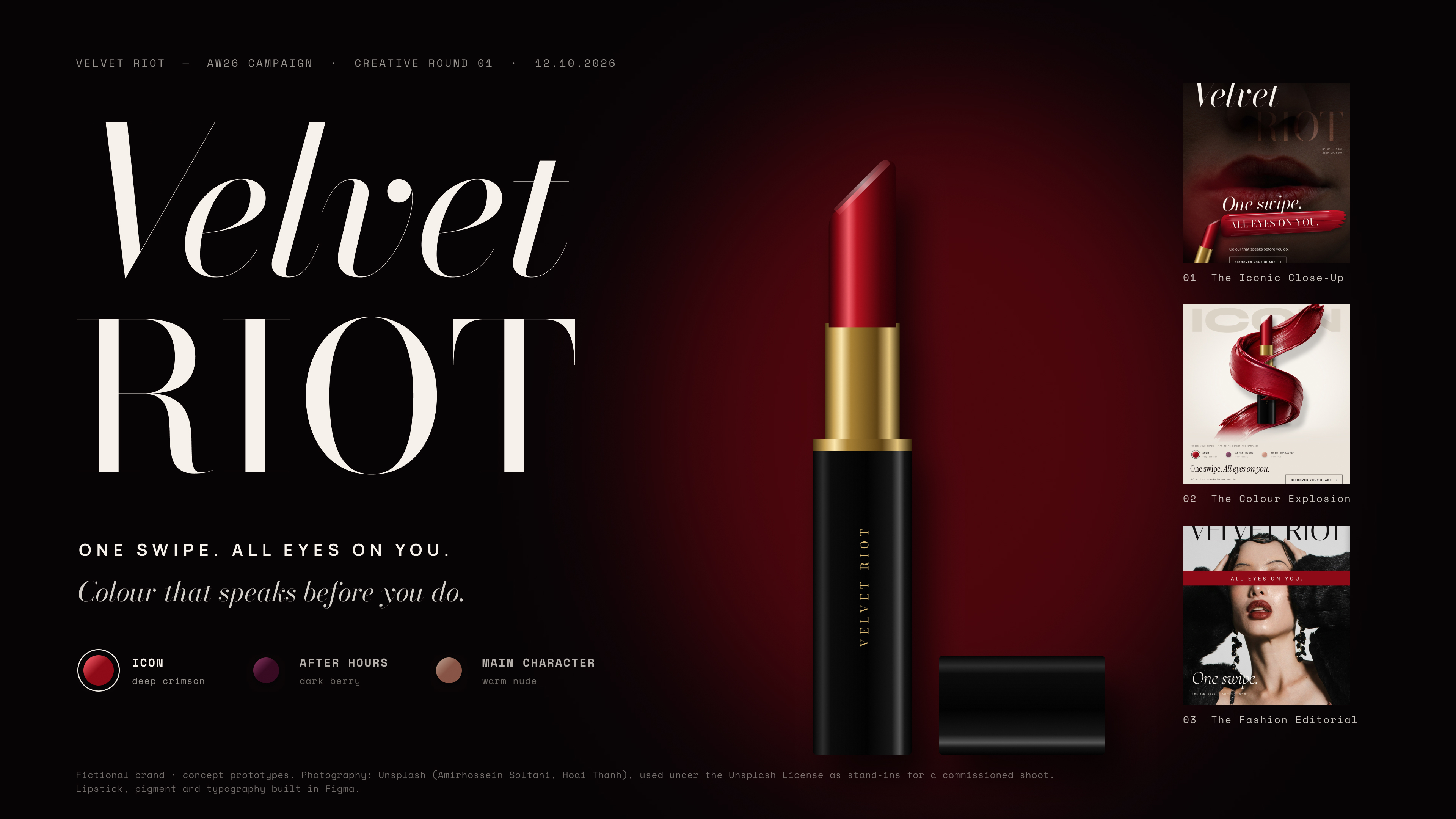 VELVET RIOT campagne-identiteit met lippenstift en de drie concepten